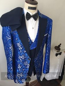 Męskie garnitury Blazery błyszczące królewskie niebieskie dla mężczyzn Slim Fit Plus Drukowane mennica zielona kamizelki 3pcs moda groom na bal maturalny ślub Tuxed