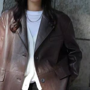 Kurtka damska moda z przodu faux skórzany płaszcz blezer wiosna vintage długiego rękawu kieszenie żeńskie eleganckie odzież wierzchnia elegancka veste femme 230324