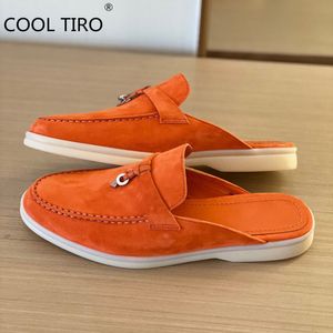 Sandaler Babouche Summer Walk Loafers Women Mules Open Style Half Slippers Orange Suede Rygglösa plattor Metall Tassels Moccasin 230325