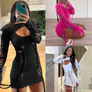 Women 2023 Designer Dresses New Fashion Sexy Open Back Hollow Out mini club Dress Long Sleeve Cape Set