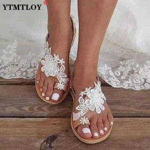 Sandals New Summer Women Flat Beach Sandals Gladiator White Lace Ladies Wedding Shoes Open Toe Roman Flip Flop Sandalias Mujer 230322