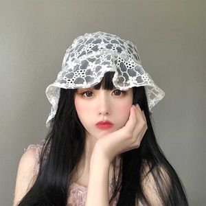 Wide Brim Hats Korean Flower Hollow Hat Female Summer Tide Breathable Thin Bucket Hats For Women White Le Fisherman Caps P230311