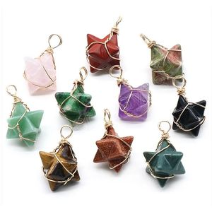 Star Natural Crystal Stone Pendant Wire Wrap Charm Six Point Star Obsidian Rubies Zoisite Amethysts Pink Quartz Pendulum