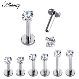 Nose Rings Studs 1pc Silver Color Labret Lip Ring Zircon Anodized Internally Threaded Prong Monroe 16G Tragus Helix Ear Piercing Earring women 230325