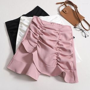 Skirts Summer Fishtail Half Skirt Women High Waist Pleated Asymmetric Ruffle Short Dress Female Elegant Slim Solid Color