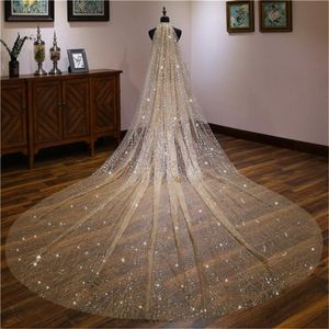 Bridal Veils Full Bling paljetter Långa kvinnor Spray Gold Star Veil Head 3,5 m 5 m huvudbonad med kam