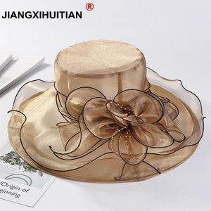 Breda breim hattar hink lyxiga kvinnor sommar organza sol derby bröllopskyrka fascinator dam floppy 230325