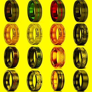 Bröllopsringar Fashion Men's 8mm Gold Groove Beveled Edge Black Tungsten Carbon Fiber Ring Punk Gear Wheel rostfritt stål för Menwedding
