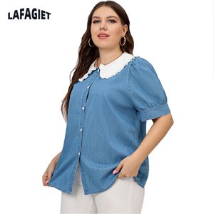 Women's Plus Size TShirt Women Plus Size Blouse Puff Short Sleeve Shirts Doll Collar Single Breasted Large Tops 4xl Summer Clothes Blusas Mujer De Moda 230325