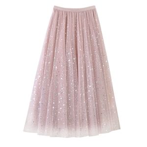 Spring summer skirts elastic waist slim gauze starry sky shinny bling maxi long skirt