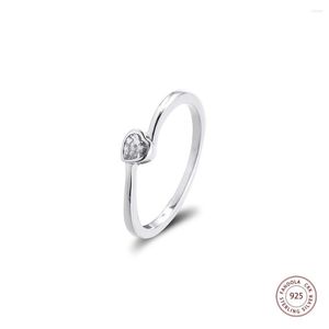 Ringos de cluster autênticos 925 prata esterlina Clear Tilted Heart Solitaire para mulheres anel de noivado de casamento FEME FEMME