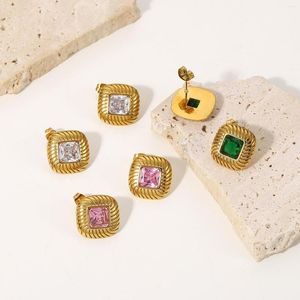 Hoop örhängen fyrkantig kubik zirkoniumstuder rostfritt stål smycken 18k guld band färgglad rosa vit smaragd zirkon eearrings dam