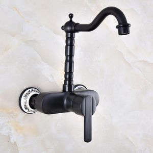 Bathroom Sink Faucets Black Oil Rubbed Brass Single Handle Double Hole Wall Mounted Basin Faucet Swivel Spout Kitchen Mixer Tap Dnf842