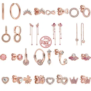925 Sterling Silber Pandora Charm-Armband, blinkende rosa Ohrringe, geeignet für modischen Damenschmuck, Modeaccessoires