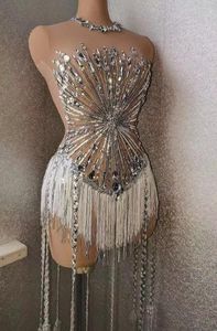 Stage Wear Shiny Silver Rhinestones Sexy Sequins Jumpsuit Festival Outfit Women Evening Prom Sequin Tassel Bodysuit Birthday Celebrate