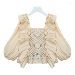 Damenblusen VSUE Frauen Beige Weiß Solide Top Hemd Slash Neck Kurzarm Frühling Sommer Puff Spitze Aushöhlen Bluse B0640