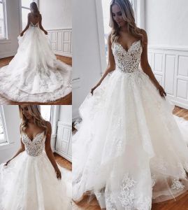 Gorgeous Wedding Dresses Bridal Gown Lace Applique Spaghetti Straps Tiered Skirt Plus Size Custom Made Garden Beach Vestido De Novia 403