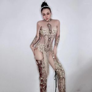 Stage Wear Shing Oro Strass Frange Body Paillettes Stivali Set Sexy Stretch Pole Dance Outfit Donna Gogo Dancer Costume XS6118