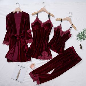 Kvinnors sömnkläder Bourgogne Velor Pyjama Suit Women 4st Kimono Robe Nightgown Set Sleepwear Lady Winter Velvet Warm Spets Folwer Bathrobe Gown 230325