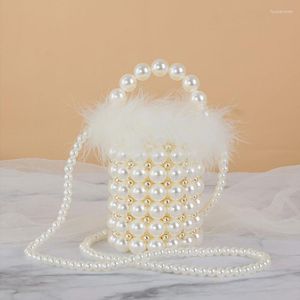 Evening Bags Brand Handmade Pearl Women Ostrich Bucket Bag Totes Top Handle Fur Beaded Handbags Bride Purses Party Clutches
