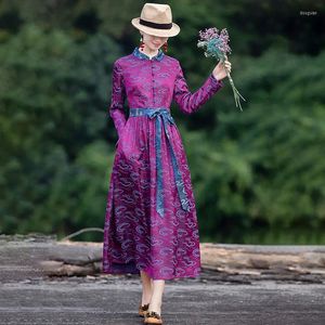 Casual Dresses Purple Print Dress Women's 2023 Spring National Style Literary Loose Belly som täcker tunn