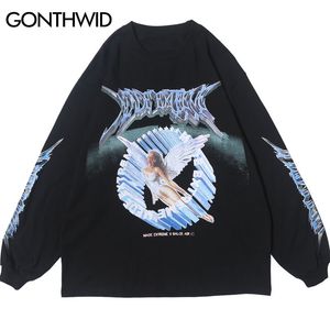 Camisetas masculinas Gonthwid Creative 3d Angel Print Leva de manga longa Camisetas de streetwear Hip Hop Hipster casual Tshirts Men Fashion Tops 230325