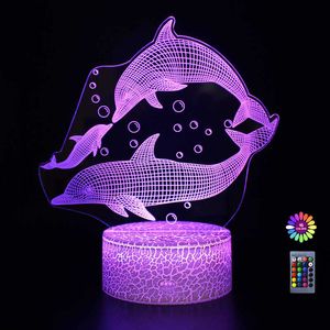 Luci notturne 3D LED Dolphin Night Light 7/16 Cambia colore Touch / Telecomando Lampada da tavolo in acrilico cool moda Decorazione domestica per regalo per bambini P230325