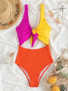 Swim Wear Women Swimsuit 2023 Solid Hollow Out Swimwear Bandage Bow Sexy Bodysuit Monokini Summer Beach Bathing Suit Female 230325