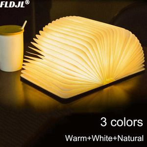 Night Lights Portable 3 Colors 3D Creative LED Book Night Light Wooden USB Rechargeable Magnetic Foldable Desk Table Lamp Home Decoration P230325