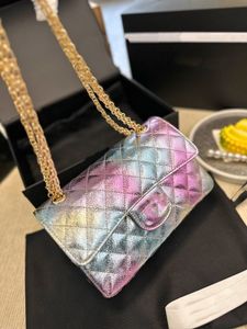 Fashion Women CF WOC Colorful Shoulder Bag Fashion Metal Logo Flap Open Diamond Checker Sheepskin Mermaid Large Capacity Real Leather Bag