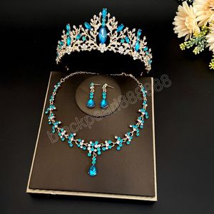 Elegant lyx Sky Blue Crystal Rhinestone Crown Jewelry Set Choker Halsband örhängen Tiara smycken Bröllopstillbehör