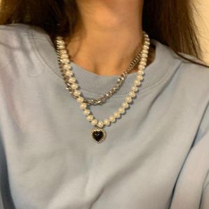 Choker 2023 Goth Baroque Pearl Pendant Necklace For Women Black Peach Heart Vintage Multi Layer Link Chain Punk Jewelry