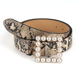 Belts Serpentine Skin Leather Belt Women's Wild Solid Color Alloy Square Buckle Inlaid Pearl Decoration Sweet Style WomenBelts