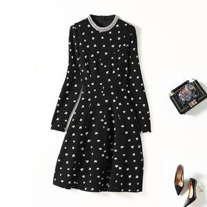 Spring Round Neck Floral Print Beaded Dress Black Long Sleeve Pockets Knee-Length Casual Dresses C2S123753