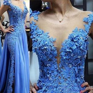 Elegantes blaues Meerjungfrau-Abschlussball-Kleid 2023 Spitze-Abend-Kleid-lange Spitze-Applikations-Blume mit bördelnden Perlen plus Größe nach Maß