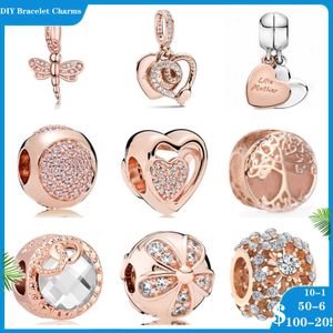 925 siver beads charms for pandora charm bracelets designer for women Sparkling Heart petal dragonfly Bead Charms Rose Gold