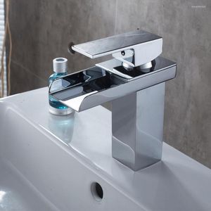 Badezimmer-Waschtischarmaturen, Wasserhahn, Wasserfall-Wasserhahn, Handwaschbecken, Chrom, flaches Waschbecken, Mischventil, Kupfer