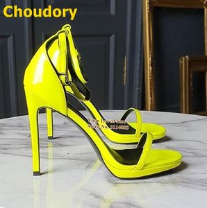 Sandals Choudory Women Neon Yellow Buckle Strap Stiletto Heels Concise Summer Dress Shoes Evening Banquet Gladiator Pumps Size47