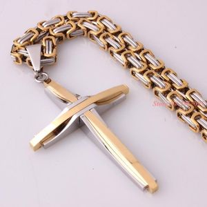 Chains Jesus Cross Pendant Necklace Stainless Steel Men Jewelry Byzantine Link Chain Christian Color Silver Gold