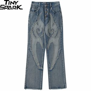 Мужские джинсы ретро -графические джинсы джинсы хип -хоп джинсовые штаны уличная одежда Джинсовые штаны Мужские брюки хараджуку Хлопные брюки гарема эластично 230325