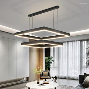 Lâmpadas pendentes Modern Minimalist Strip LED teto lustre nórdico Creative Living Room Sala Dining Square Bar Lâmpada Decorativa