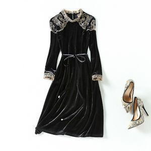 Spring Stand Collar Velour Solid Color Embroidery Dress Black / Red Long Sleeve Belted Loose Mid-Calf Midi Casual Dresses C2S123018