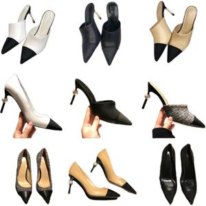 Pointed Women Slippers Luxury Designer High Heels Pearl Stiletto Heels Pumps Vintage Soft Lampskin Letter Print Solid Clour Wedding Party Comfortable EUR36-41