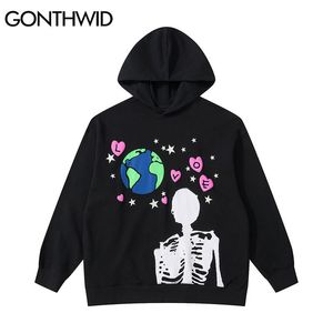 Erkek Hoodies Sweatshirts Gonthwid Hip Hop Hoodie Sweatshirt Street Giyim Dünya İskelet Baskı Punk Gotik Kapüşonlu Kış Harajuku Pamuk Külot Black 230325