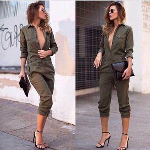 Women's Jumpsuits & Rompers Ladies Sexy Vintage Romper Long Pants Women Slim Bodycon Jumpsuit Sleeve Army Green Solid Casual Cargo