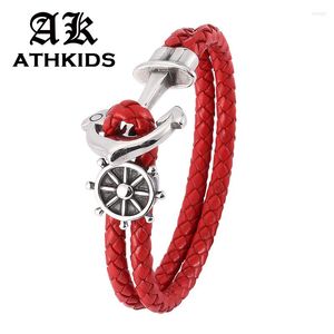 Charm Bracelets Trendy Red Leather Braided Bracelet Women Men Jewelry Stainless Steel Anchor Buckle Double Layer PD0179