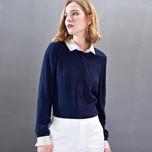 Blouses feminina Mulheres e tops Escritório floral de seda Camisetas casuais e tamanho grande 2023 Summer sexy Haut femme Navy Collar White