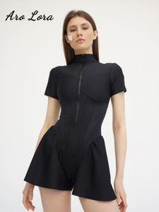 Kvinnors jumpsuits rompers sexiga bodycon playsuit kvinnor jumpsuit o hals kort ärm blixtlåsare bodysuit kvinnlig elegant smal playsuits rompers sportkläder 230325