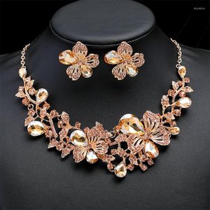 Necklace Earrings Set Luxury Alloy Crystal Flower Stud And Bride Wedding For Women Elegant Party Gift Jewellery Sets