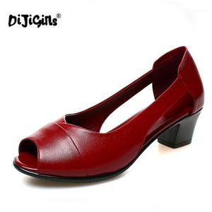 Dress Shoes Summer Genuine Leather Comfortable Ladies Mid Heel Sandals Women Hollow Peep Toe Square Woman Drop Ship1